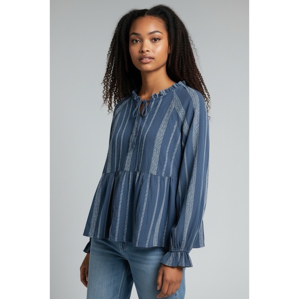 Wonderly Women's Medium Tunic Tie Neck, Ruffled Neck & Sleeves Lightweight Rayon